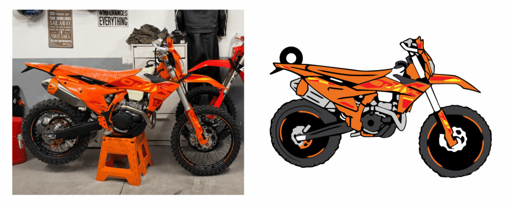 Projekt breloka motocykl KTM – wizualizacja personalizowanego breloka
