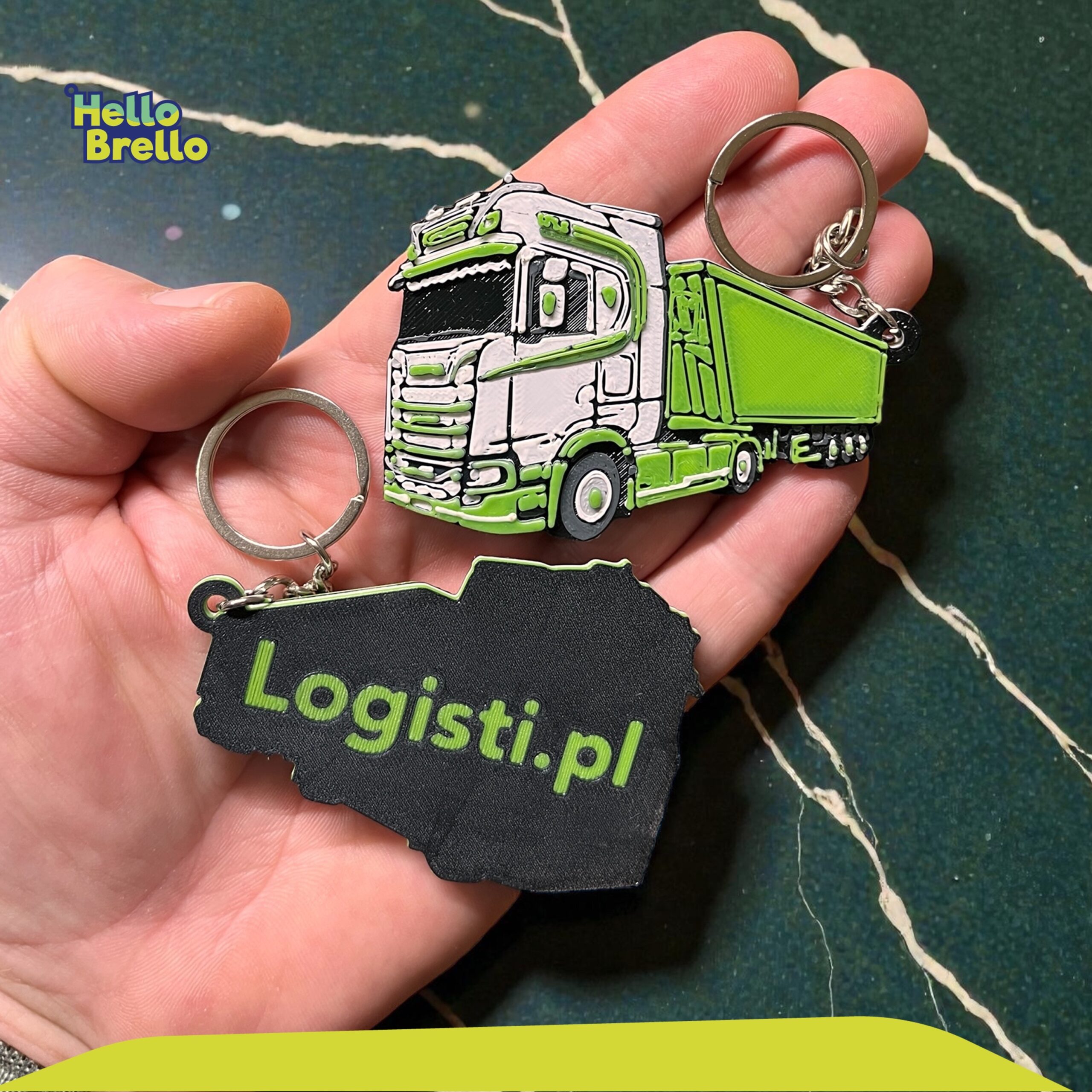 Personalizowany brelok Scania zielono-biały dla Logisti.pl – realizacja testowa 5 sztuk