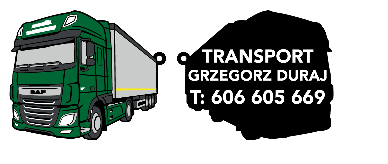 Projekt breloka: zielony DAF z naczepą oraz odwrotna strona z danymi firmy Transport Grzegorz Duraj
